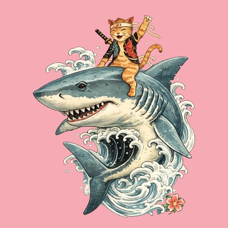 Chat samouraï chevauche le requin – balade de vagues avec style
