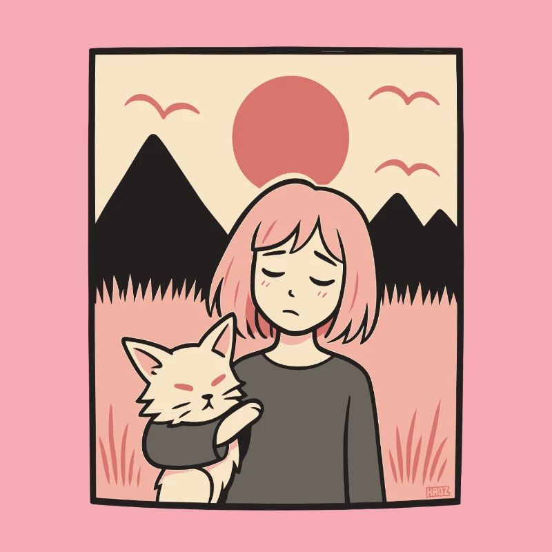 Fille avec un chat devant les montagnes