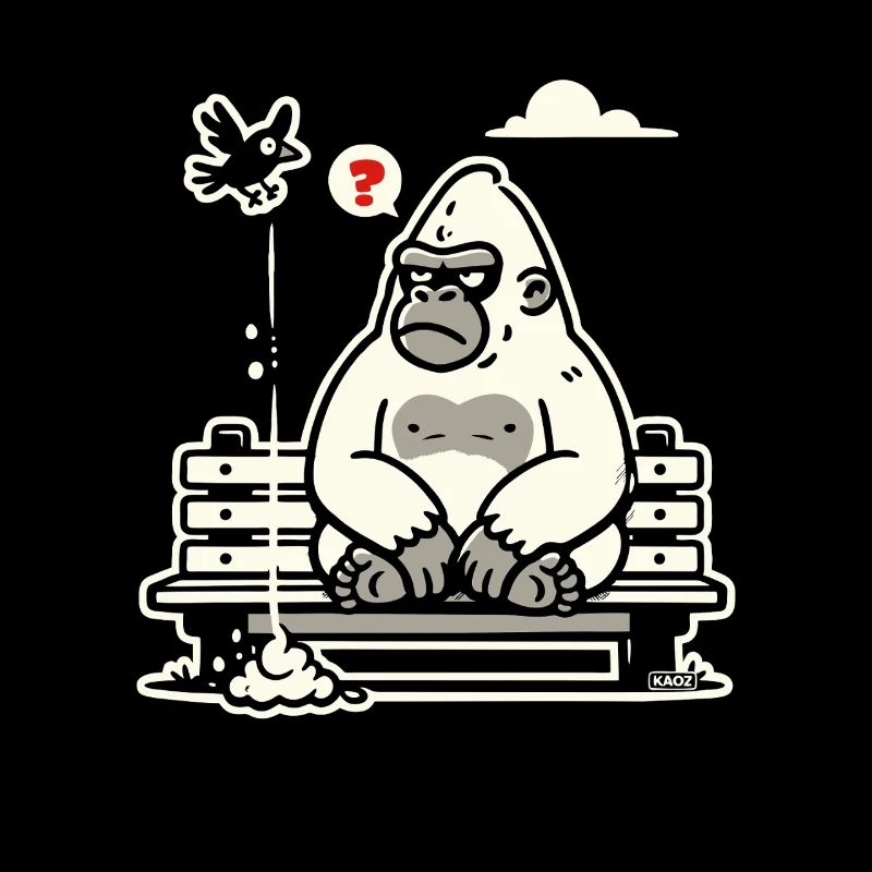Gorilla on Bench with Curious Bird