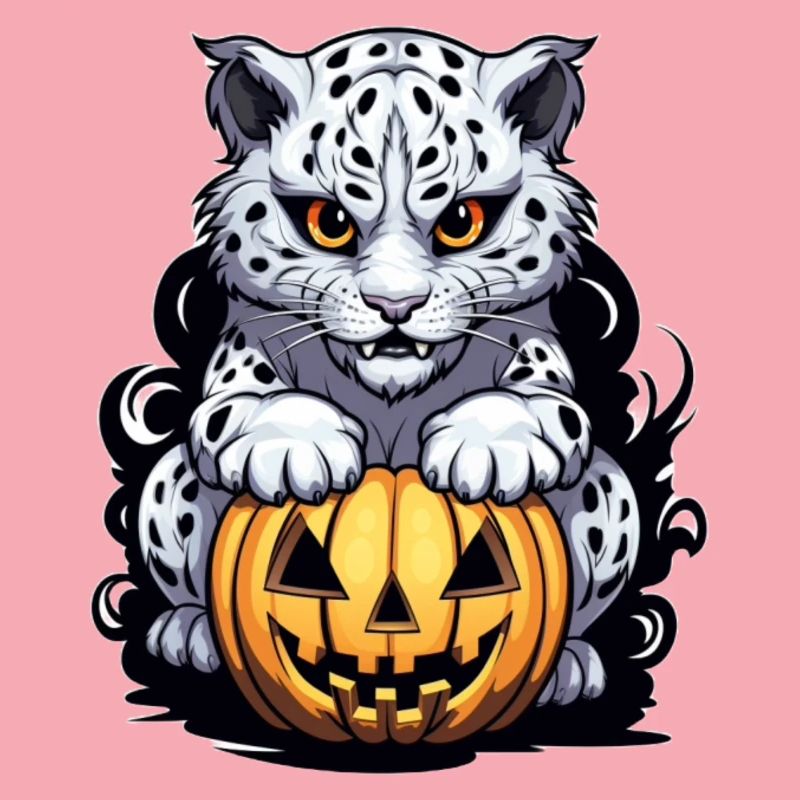 Snow leopard with Halloween pumpkin