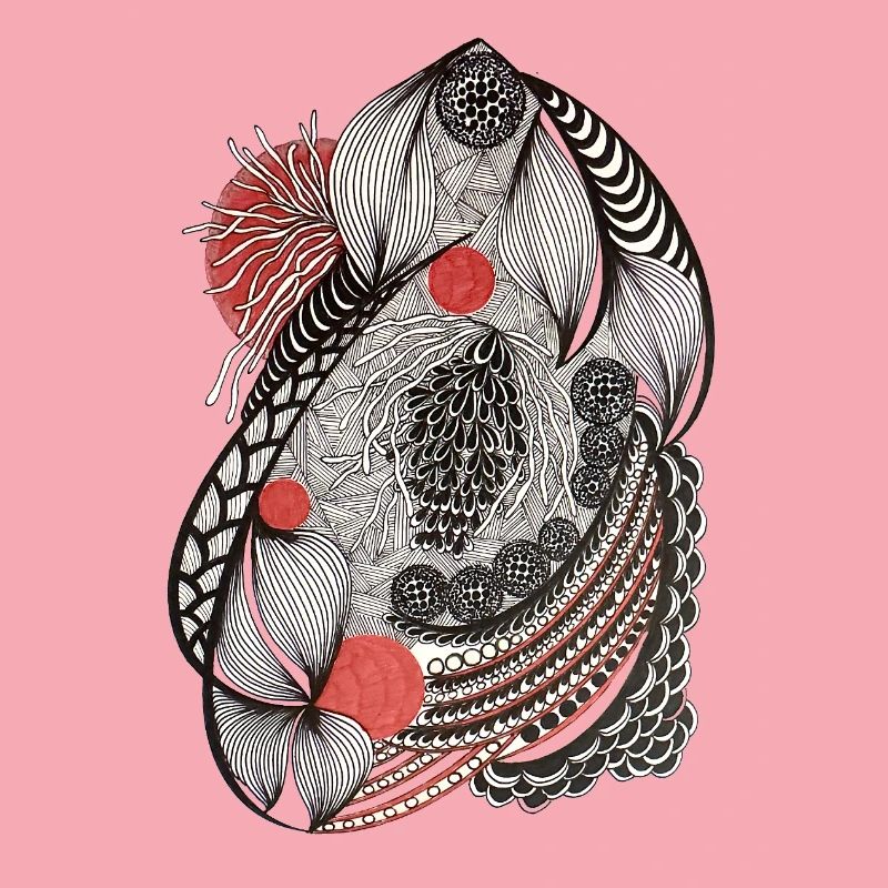 Line flowers pattern with red accent