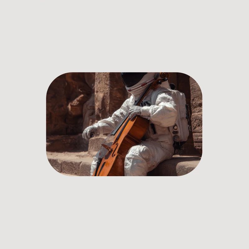 Astronaut with Cello on Ancient Steps