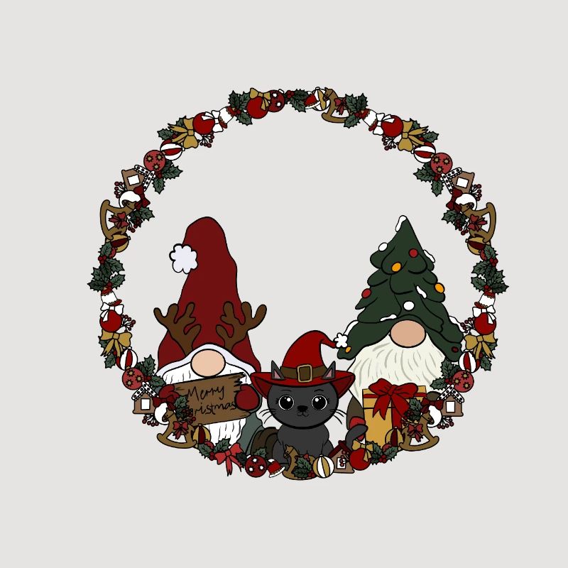 Wichtel mit Katze  im Weihnachtskranz