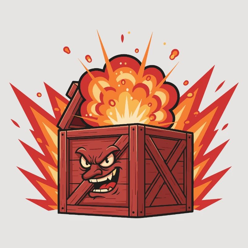 Exploding wooden box with a grim face