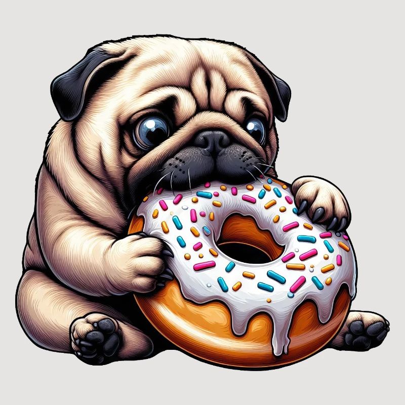 Cute Pug with Donut Cartoon Funny Snacking