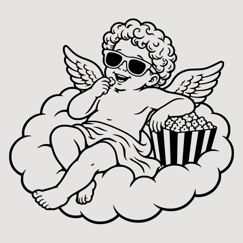 Un chérubin frissonne avec du pop-corn sur un nuage
