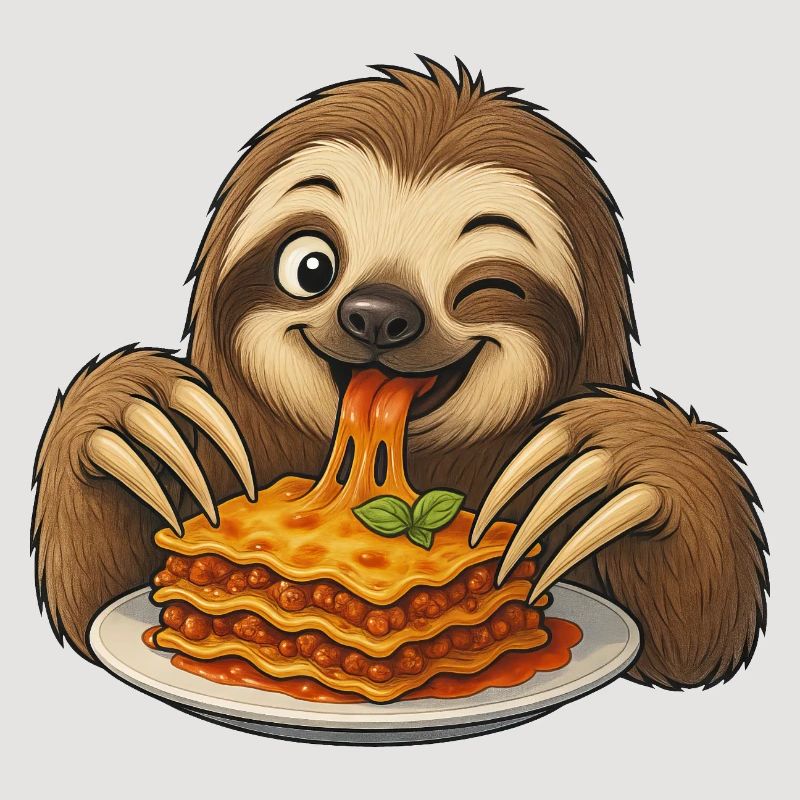 Cute Sloth with Lasagna Cartoon Comic Joy