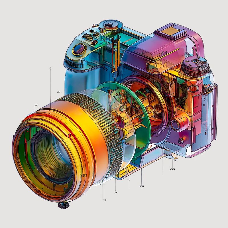 Rainbow camera as CAD design in color explosion