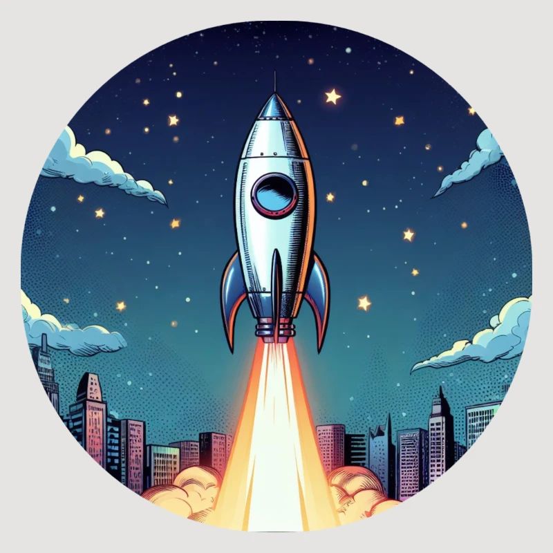 Lancement d’une fusée dans l’espace devant le ciel nocturne dans un style comique