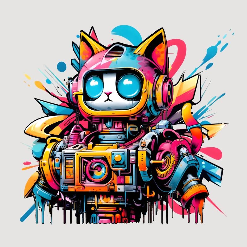 Chat conçu comme un robot dans le style graffiti de la bande dessinée