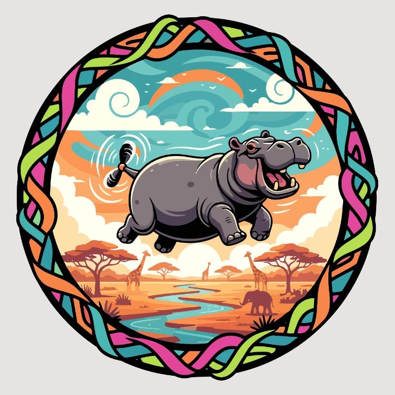 Witziger Hippo fliegendes Nilpferd bunt Savanne 