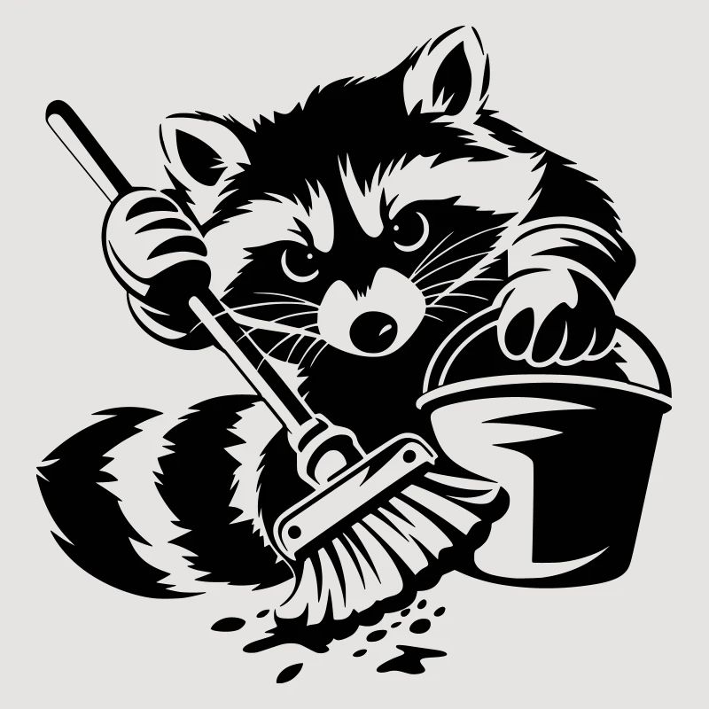 Waschbär mit Eimer & Mopp