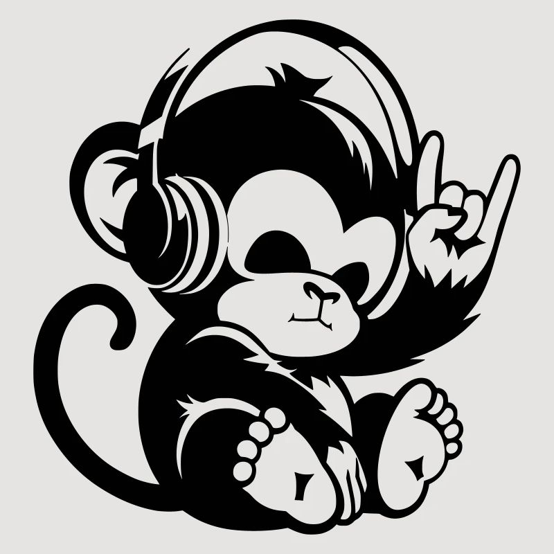 Singe de pierre avec écouteurs et signe de la main de pierre