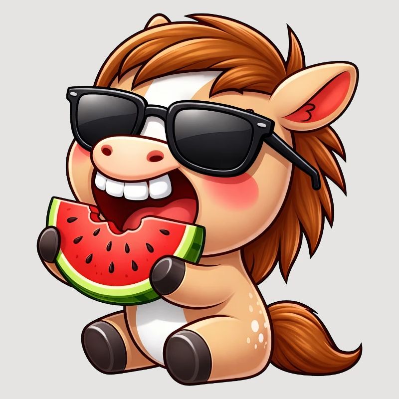 Cooles Pferd mit Melone Sommer Sonne Reiten