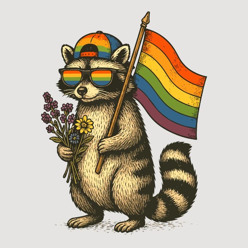Waschbär Pride mit Regenbogenflagge