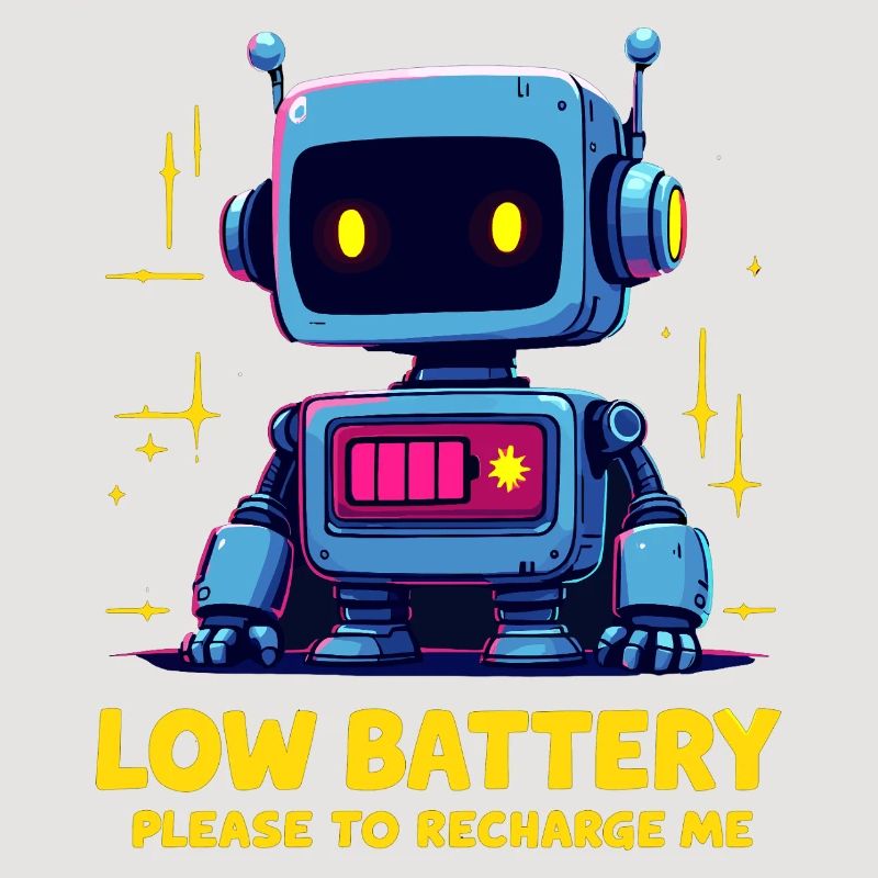 Futuristic Robot with Low Battery Message