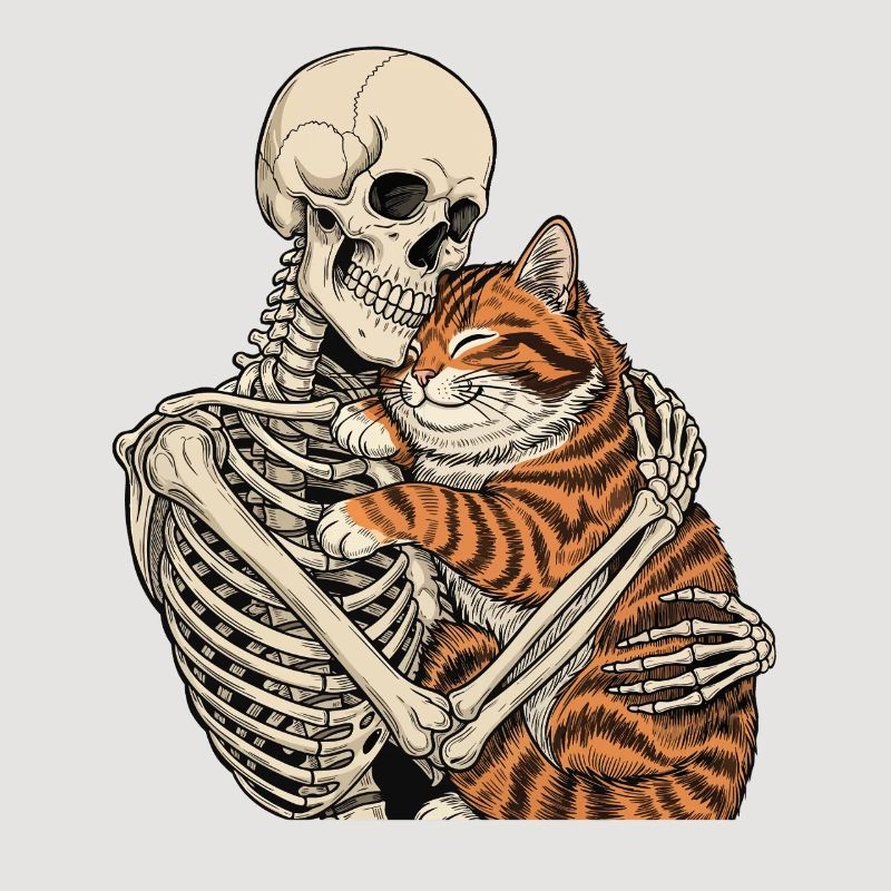 Skeleton Hugging Cat — Spooky Cat Skeleton Cuddle