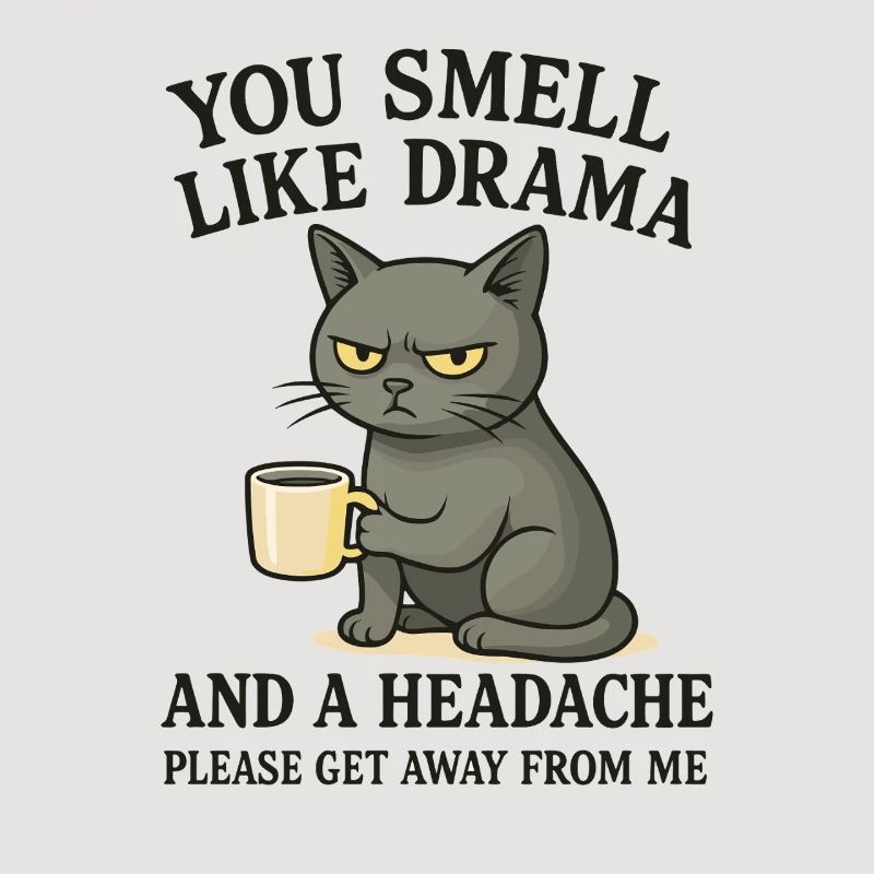 Grimmige Katze mit Kaffee Spruch
