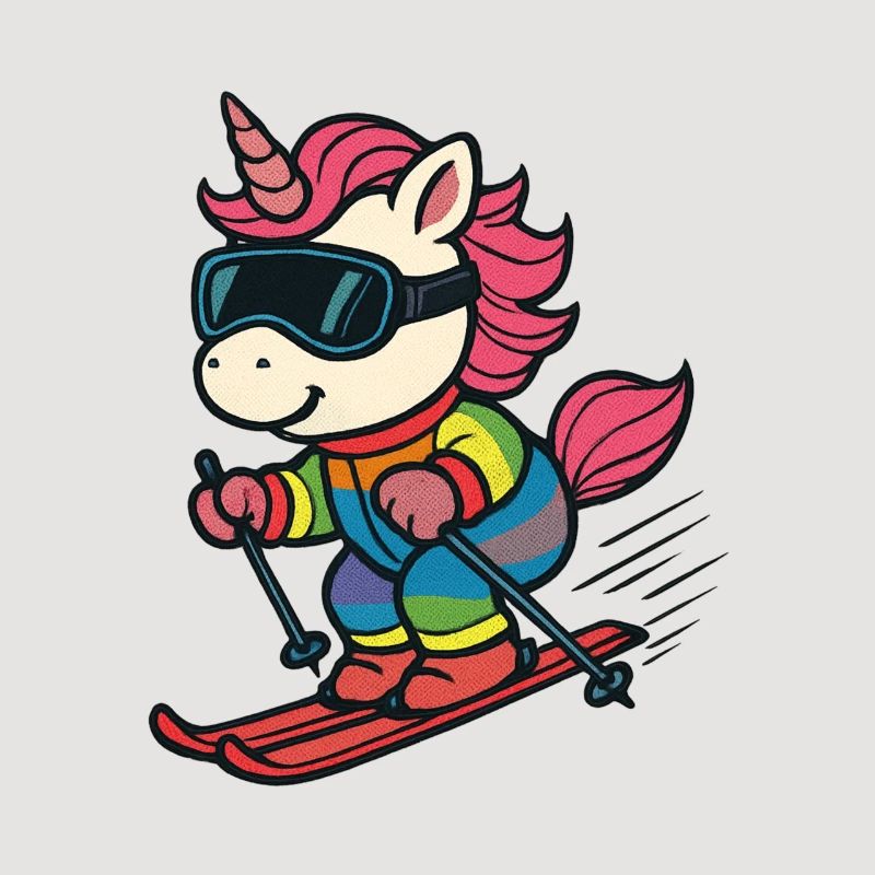 süßes Ski-Einhorn im Regenbogenanzug