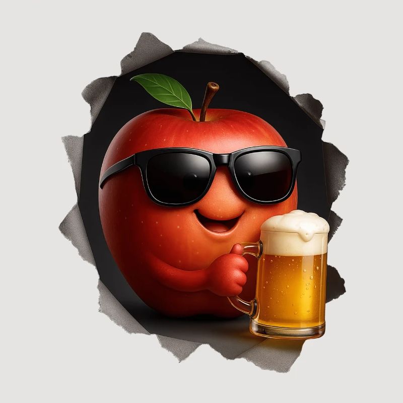 Apple with sunglasses drinking beer