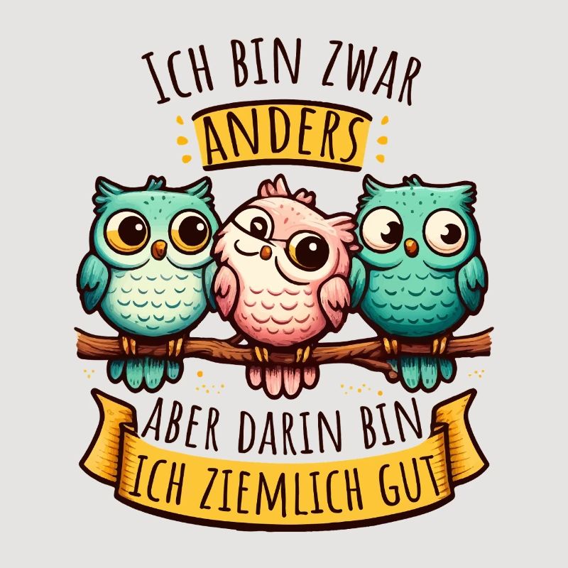 Anderssein Spruch mit bunten Eulen