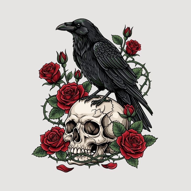 Mitternachtskrähe auf Totenkopfrosen