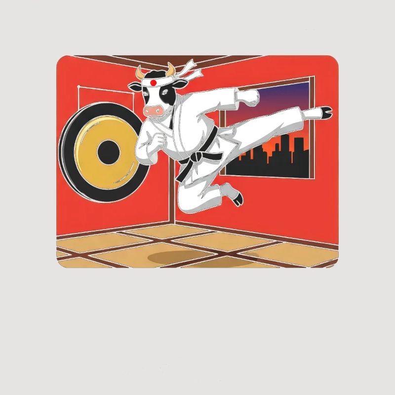Vache en coup de karaté devant le dojo rouge