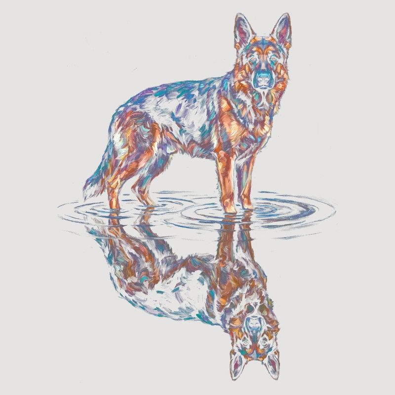 Deutscher Schäferhund mit Wasserreflexion