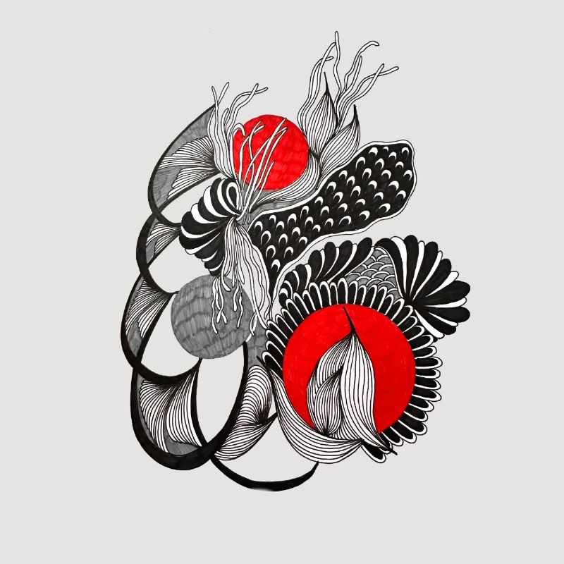 Monochrome Blütenkreise mit Rot