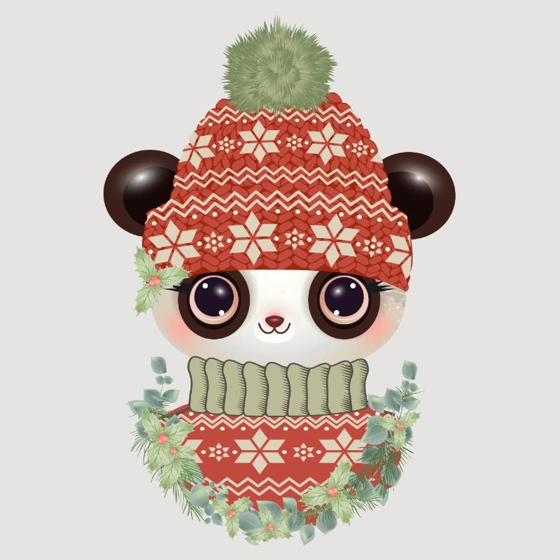 niedlicher Panda mit Pullover,Bommelmütze & Kranz