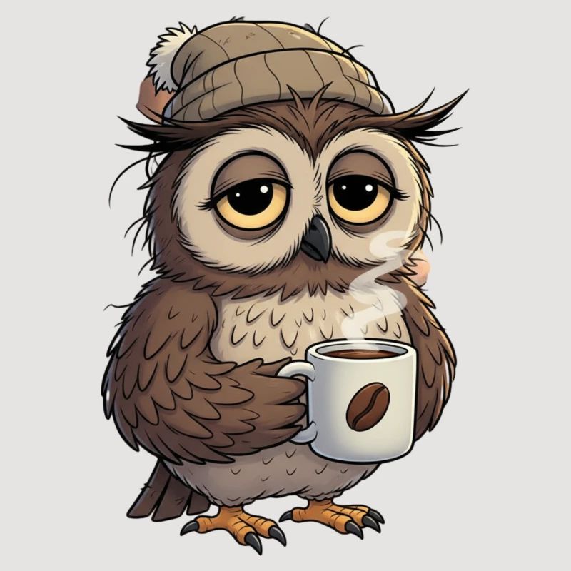Verschlafene Eule Mit Kaffeetasse Cartoon