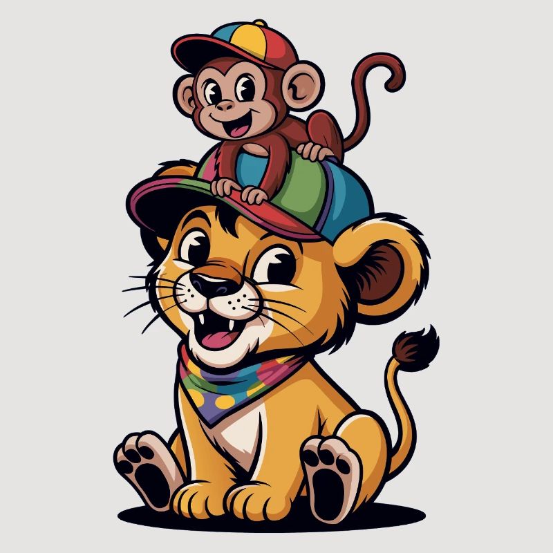 Jungle Duo: Monkey on Lion with Hat