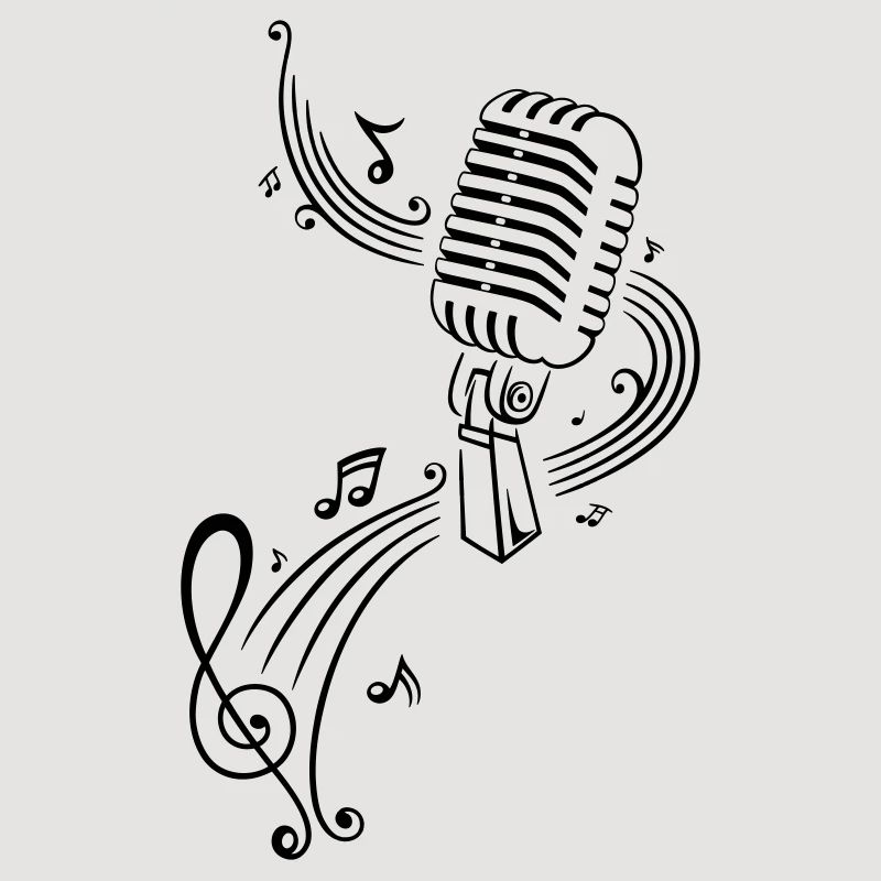 Retro microphone with music notes and clef.