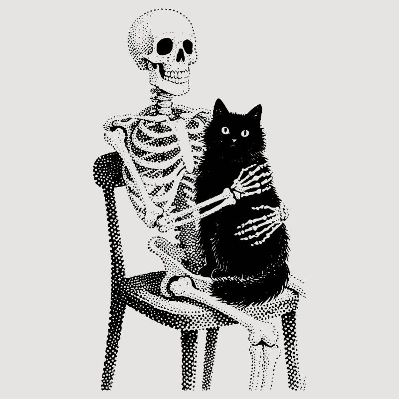 Skeleton with cat on lap