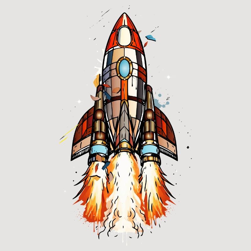Futuristic rocket on launch in comic style