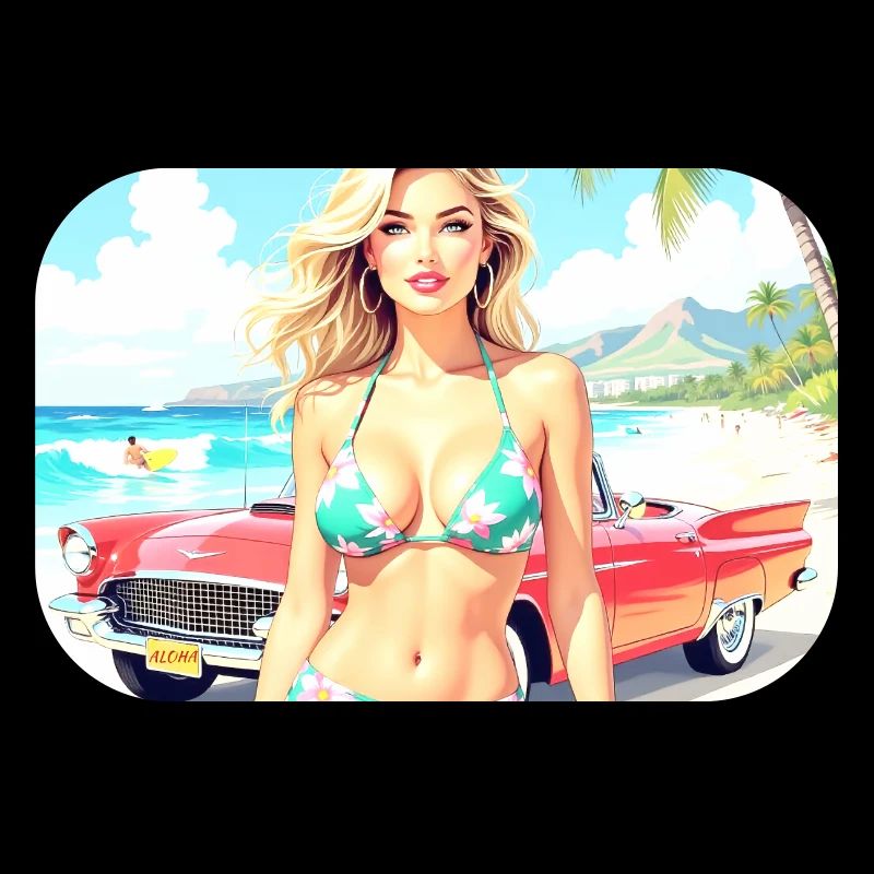 Frau am Strand mit Oldtimer