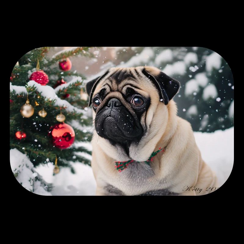 Mignon carlin devant un sapin de Noël enneigé