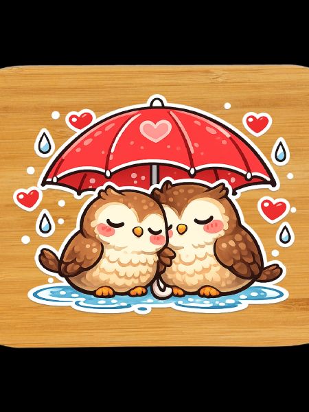 Cuddly owls under red umbrella