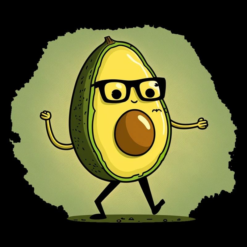 Nerdige Avocada läuft über eine Wiese