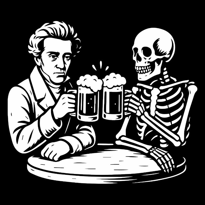 Soren Kierkegaard drinking beer with skeleton