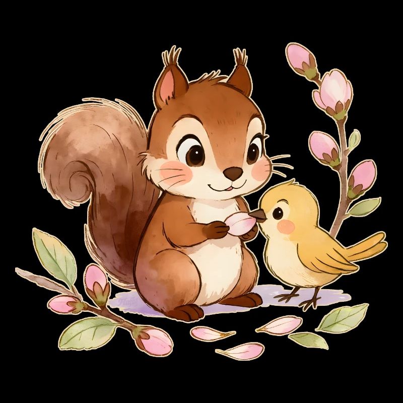 Écureuil et Oiseau parmi les Fleurs – 🐿🐦 Aquarelle