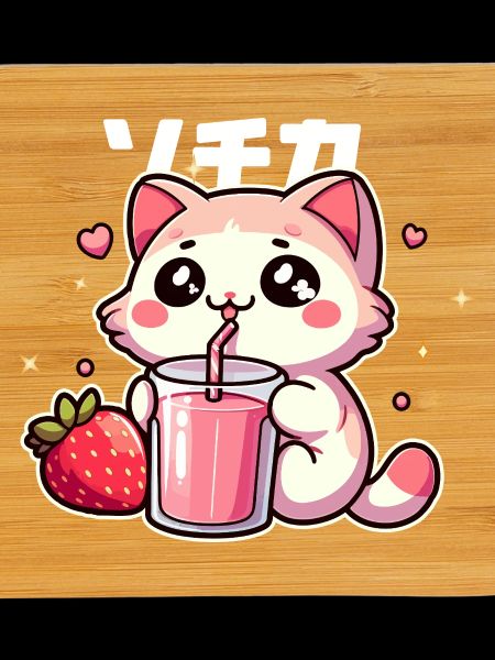 Kawaii kitten drinking strawberry smoothie
