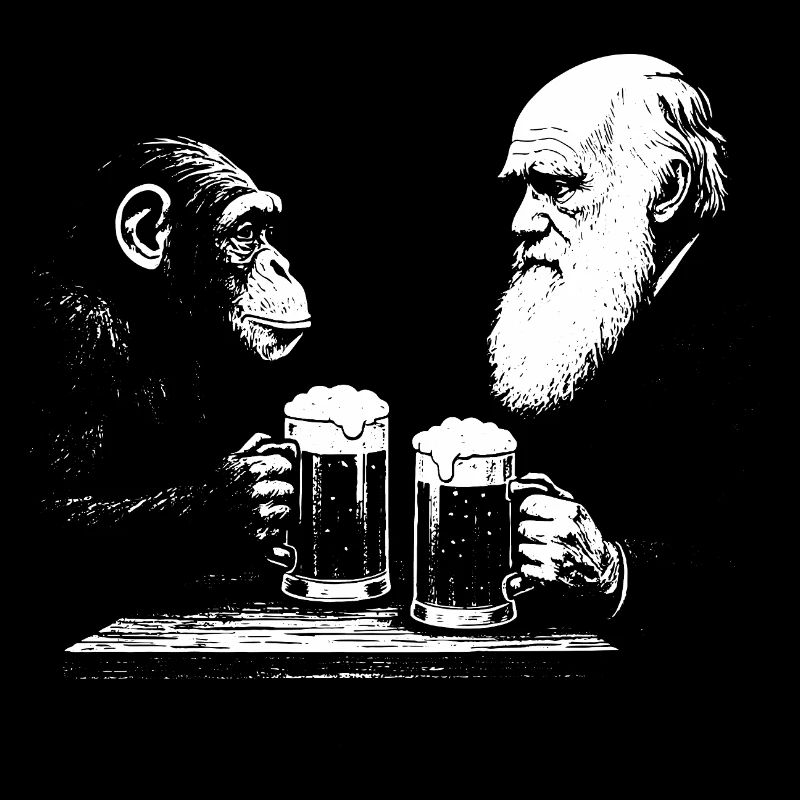 Chimp and Darwin drinking beer
