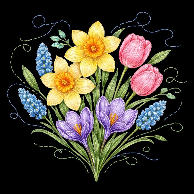 Spring flowers in embroidery style