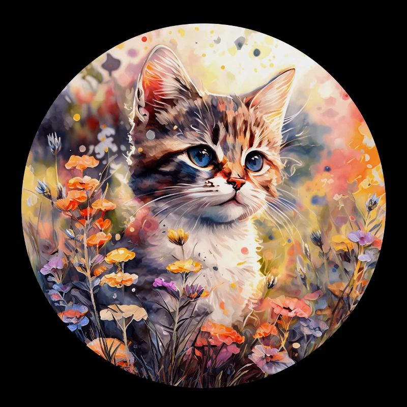 Chat dans un pré fleuri - Aquarelle