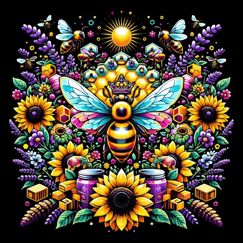 Vibrant, colorful artwork with bees