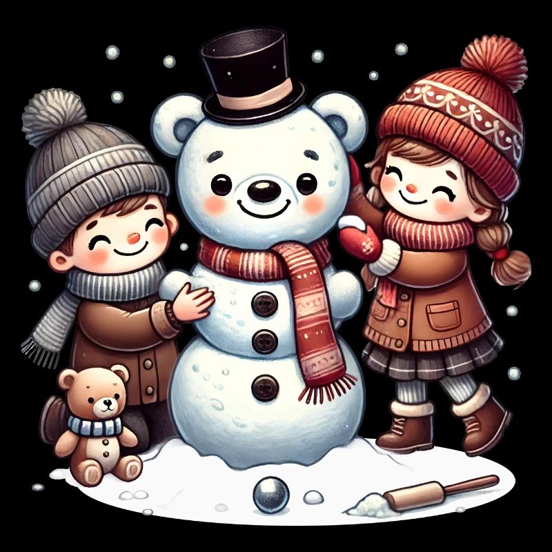 Winterspaß: Kinder bauen einen Teddy-Schneemann
