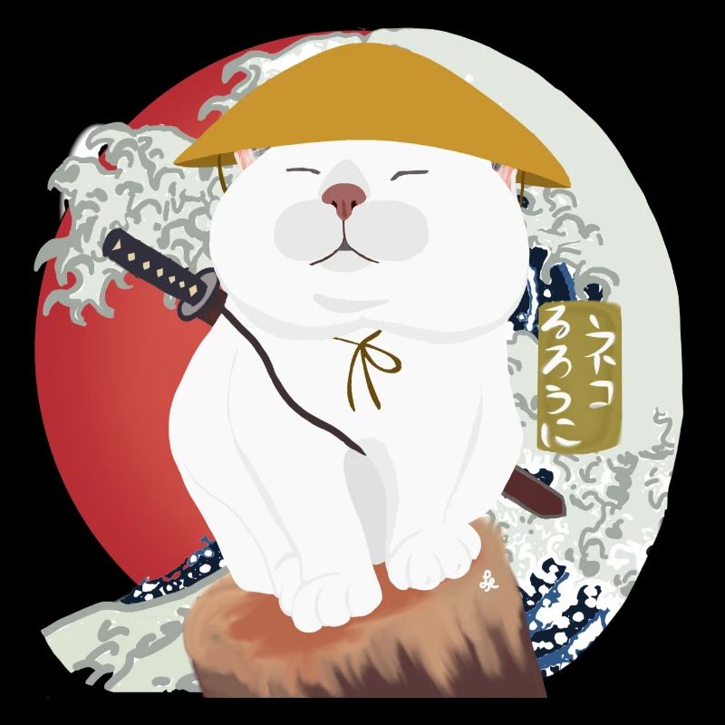 Samurai Katze sitzt auf dem Holz