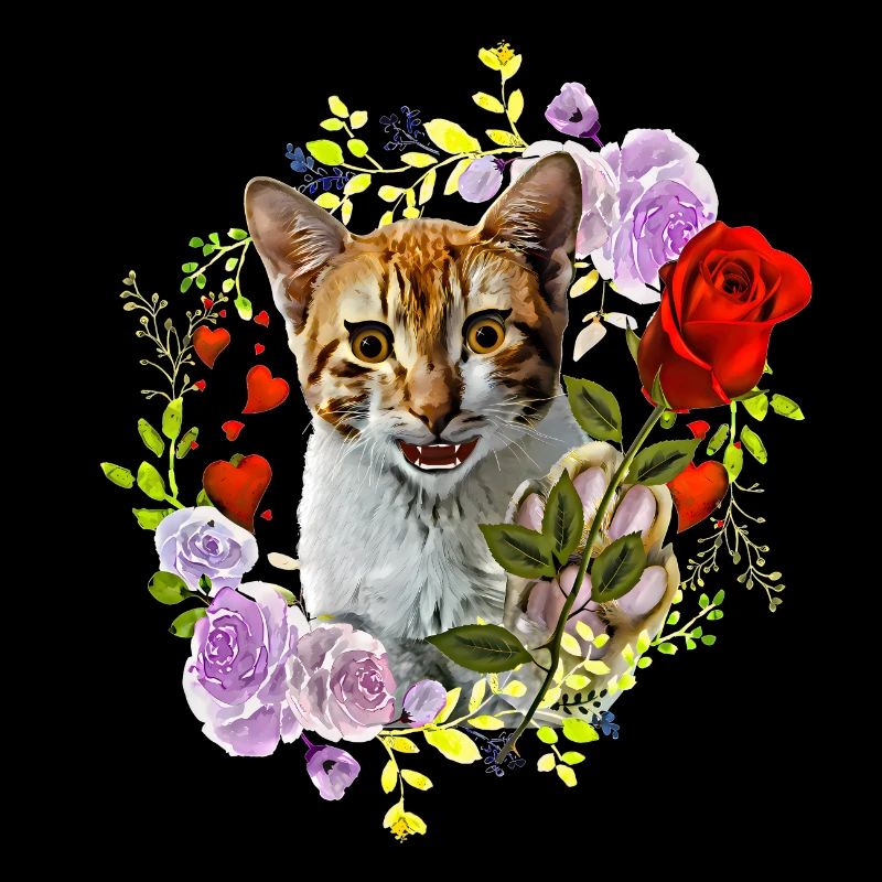 Chat riant avec rose pour l’amour