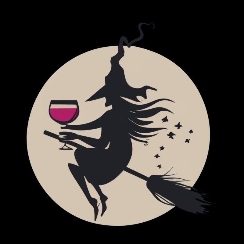 Moonlit Witch on Broom with Wine